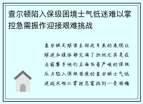 查尔顿陷入保级困境士气低迷难以掌控急需振作迎接艰难挑战