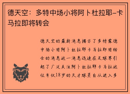 德天空：多特中场小将阿卜杜拉耶-卡马拉即将转会