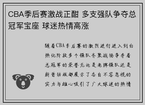 CBA季后赛激战正酣 多支强队争夺总冠军宝座 球迷热情高涨