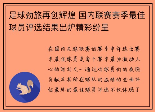 足球劲旅再创辉煌 国内联赛赛季最佳球员评选结果出炉精彩纷呈